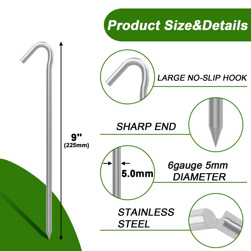 AAGUT Tent Stakes Heavy Duty Metal 9 Inch, 25 Pack Rust-Resistant Galvanized Steel Camping Stake Garden Edging Fence Hooks Yard Tent Pegs for Inflatable, Tarp, Outdoor Christmas Decorations - Image 2